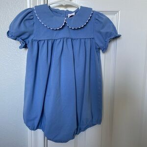 Stitchy Fish Baby Romper in Light Blue with Scalloped Collar